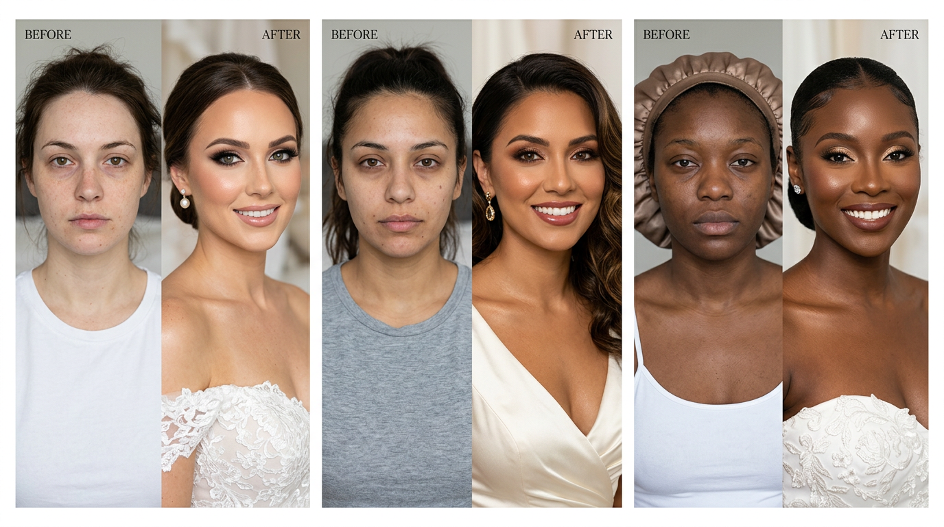 Before and after wedding makeup transformation on three women with different skin tones